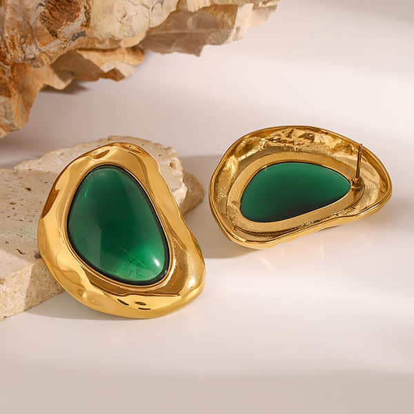 Gold-Plated Stainless Steel Vintage Green Stud Earrings