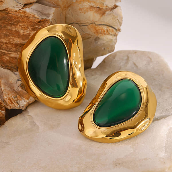 Gold-Plated Stainless Steel Vintage Green Stud Earrings