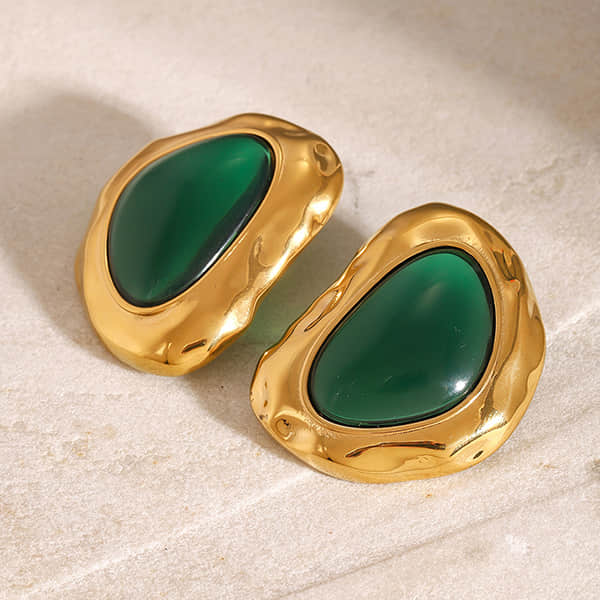 Gold-Plated Stainless Steel Vintage Green Stud Earrings
