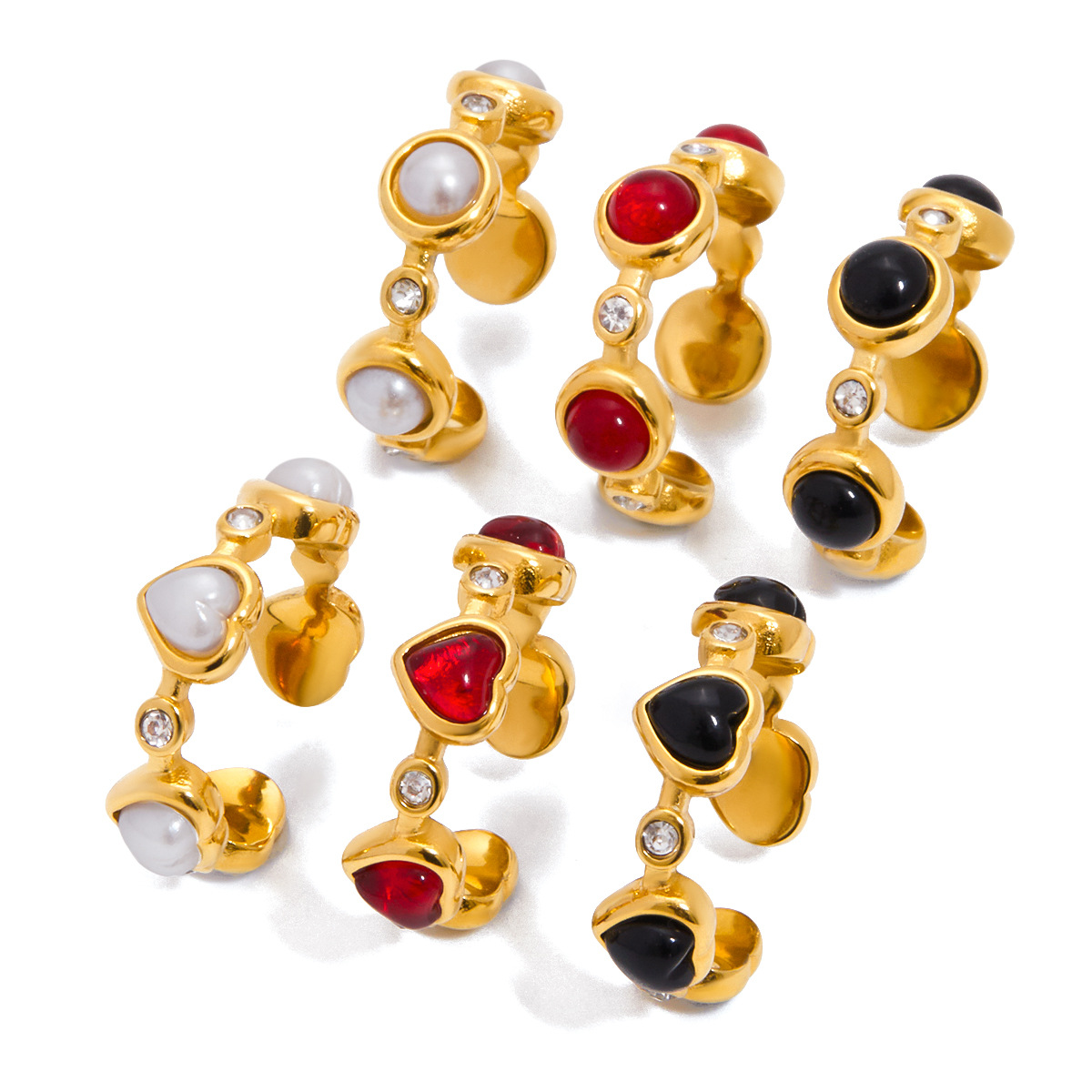 Titanium Steel Rhinestone Rings Non Tarnish Two Shapes Round and Heart Three Colors Black White Red
