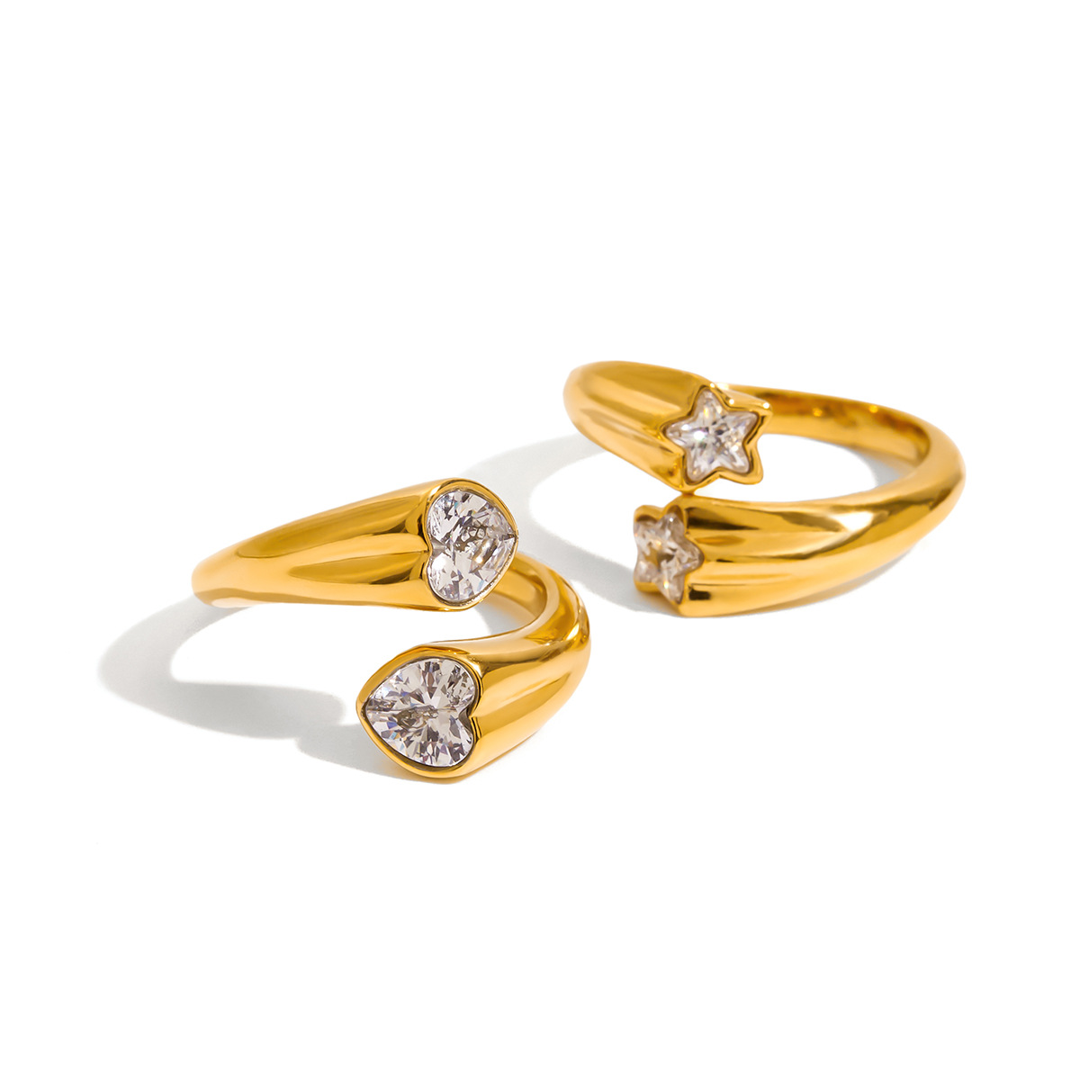 Titanium Steel Zirconia Open Rings Two Styles Star Stone and Heart Stone Non Tarnish