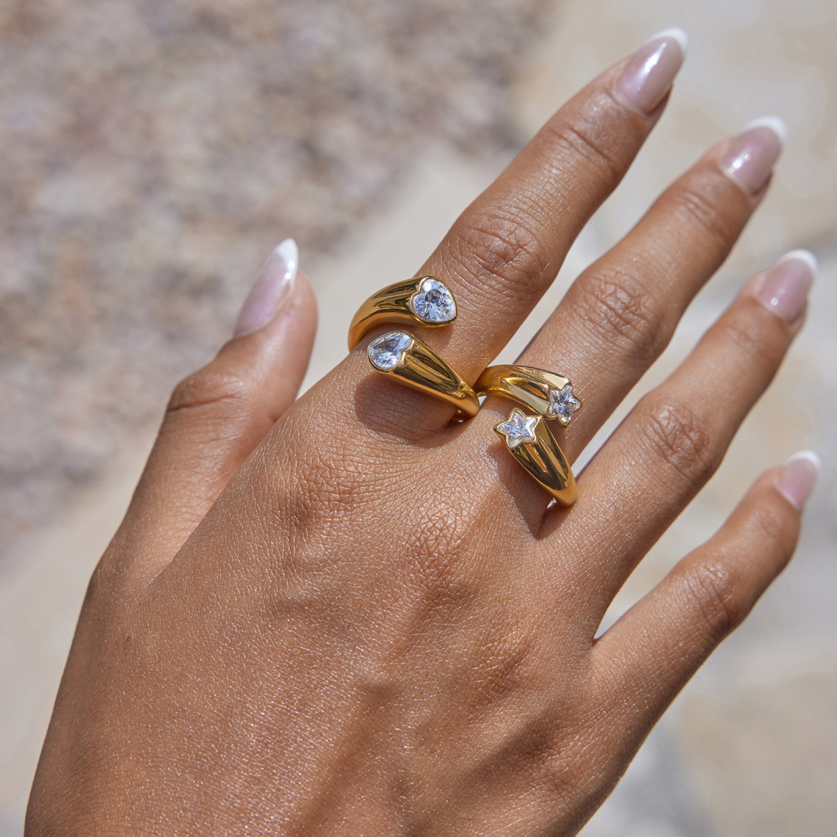 Titanium Steel Zirconia Open Rings Two Styles Star Stone and Heart Stone Non Tarnish