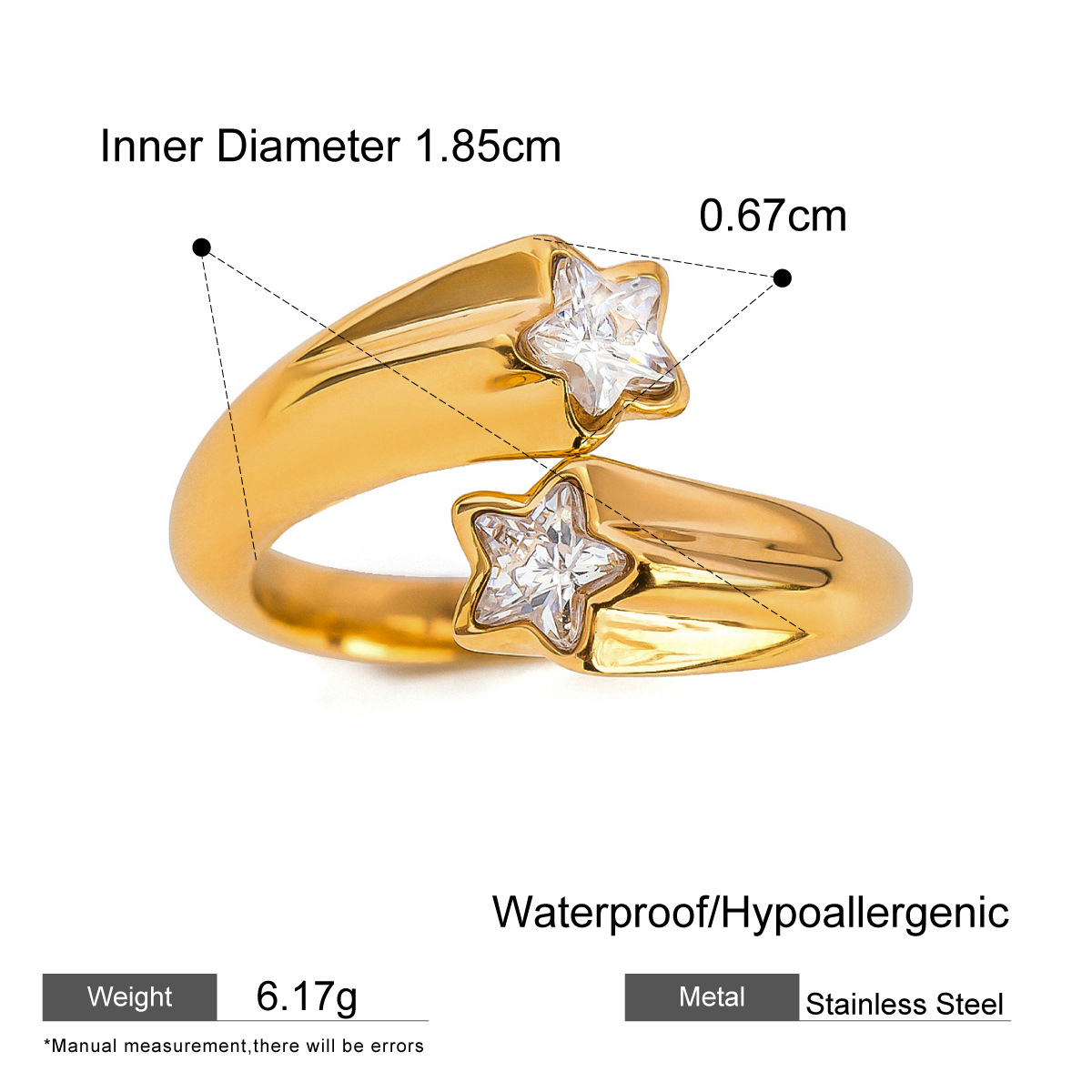 Titanium Steel Zirconia Open Rings Two Styles Star Stone and Heart Stone Non Tarnish