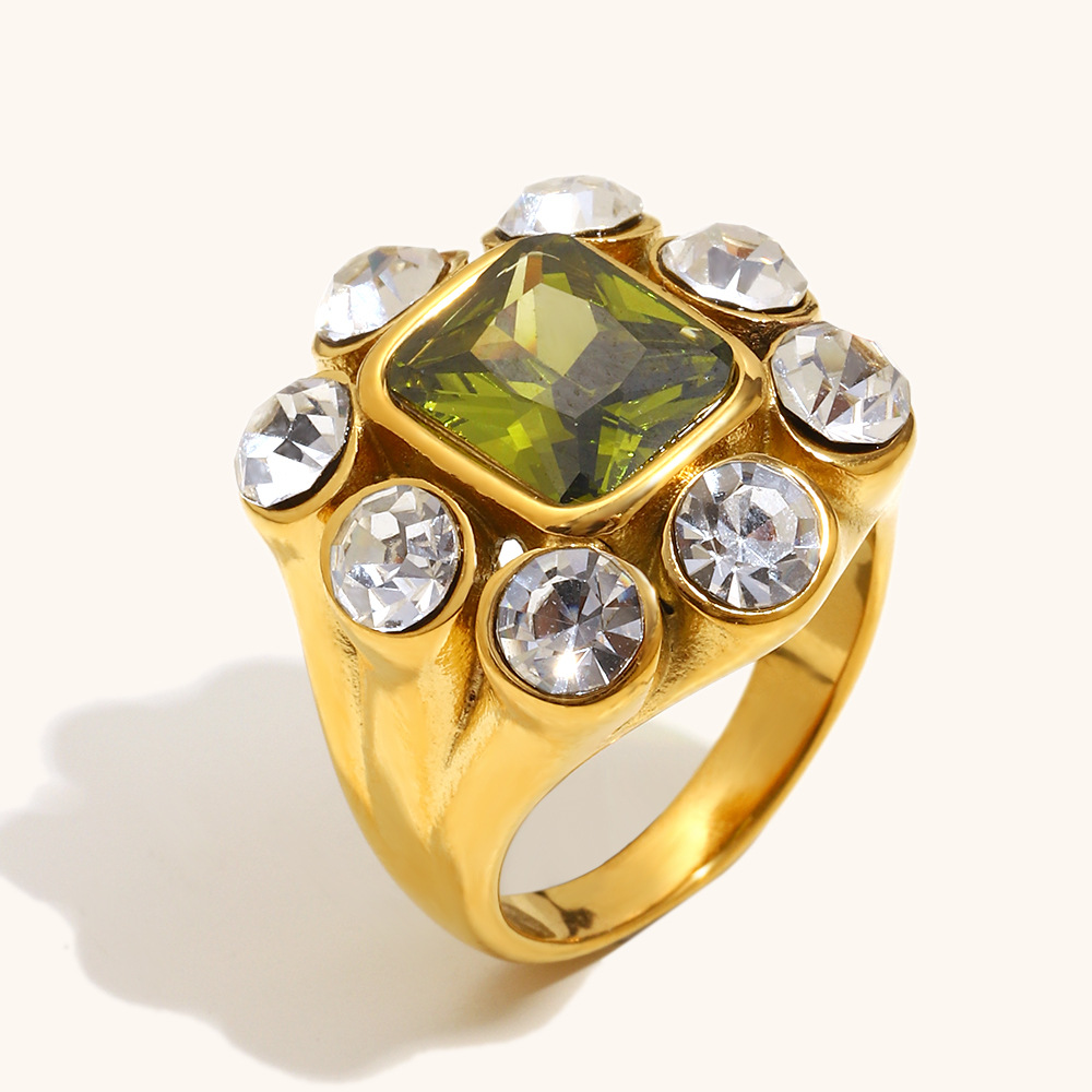 18K Gold Plated Stainless Steel Green Zirconia Ring with White Zirconia Surround