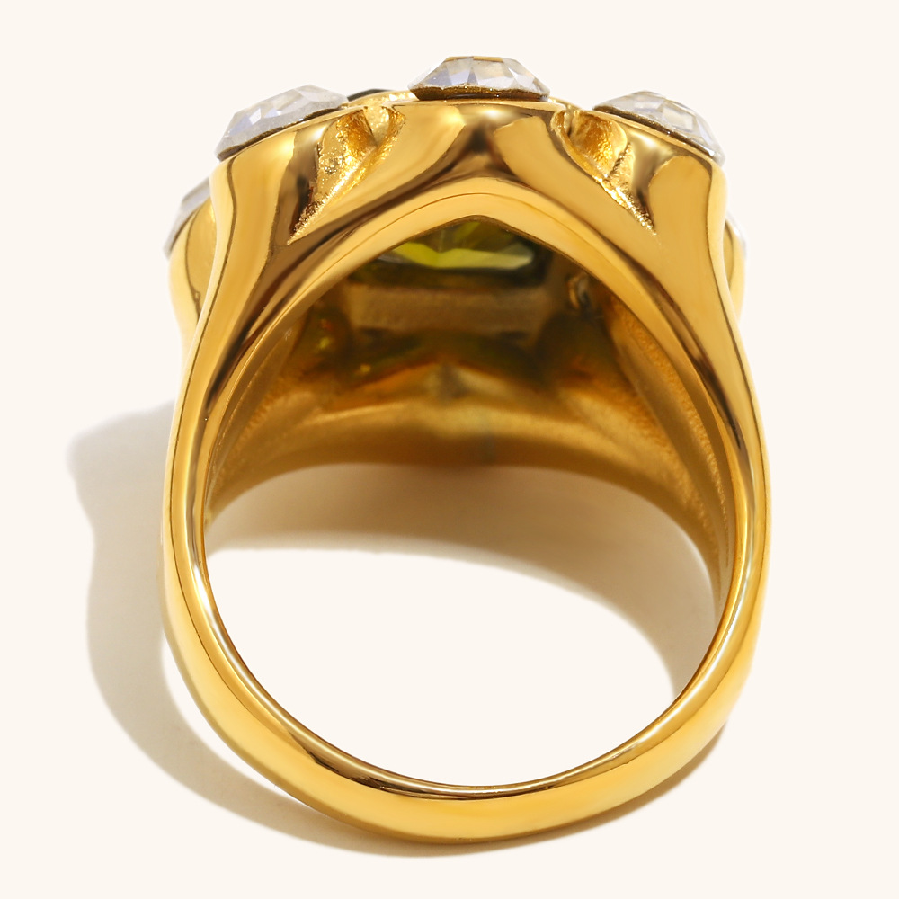 18K Gold Plated Stainless Steel Green Zirconia Ring with White Zirconia Surround