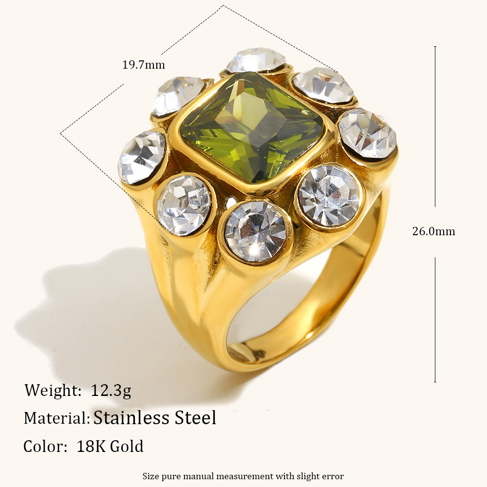 18K Gold Plated Stainless Steel Green Zirconia Ring with White Zirconia Surround