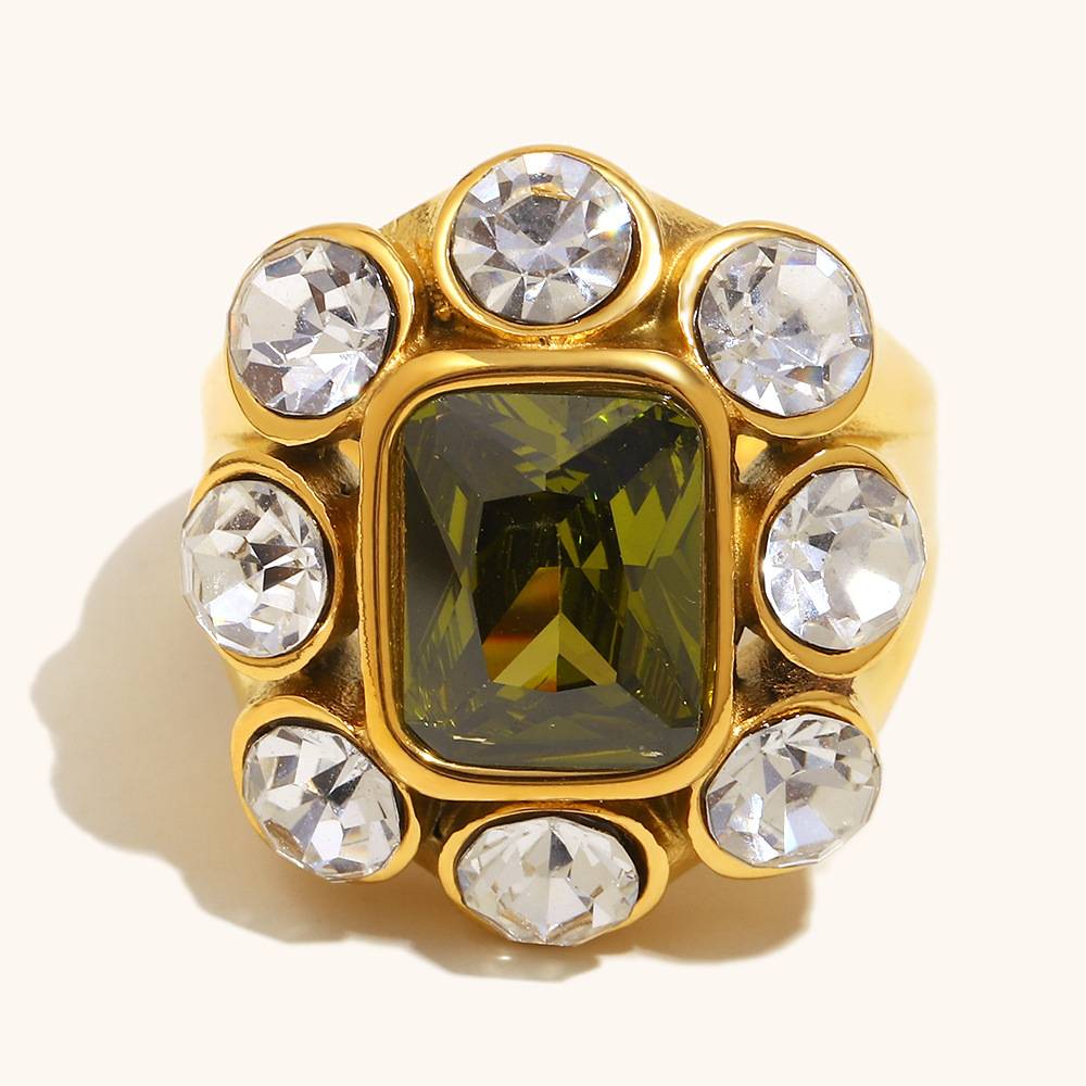 18K Gold Plated Stainless Steel Green Zirconia Ring with White Zirconia Surround