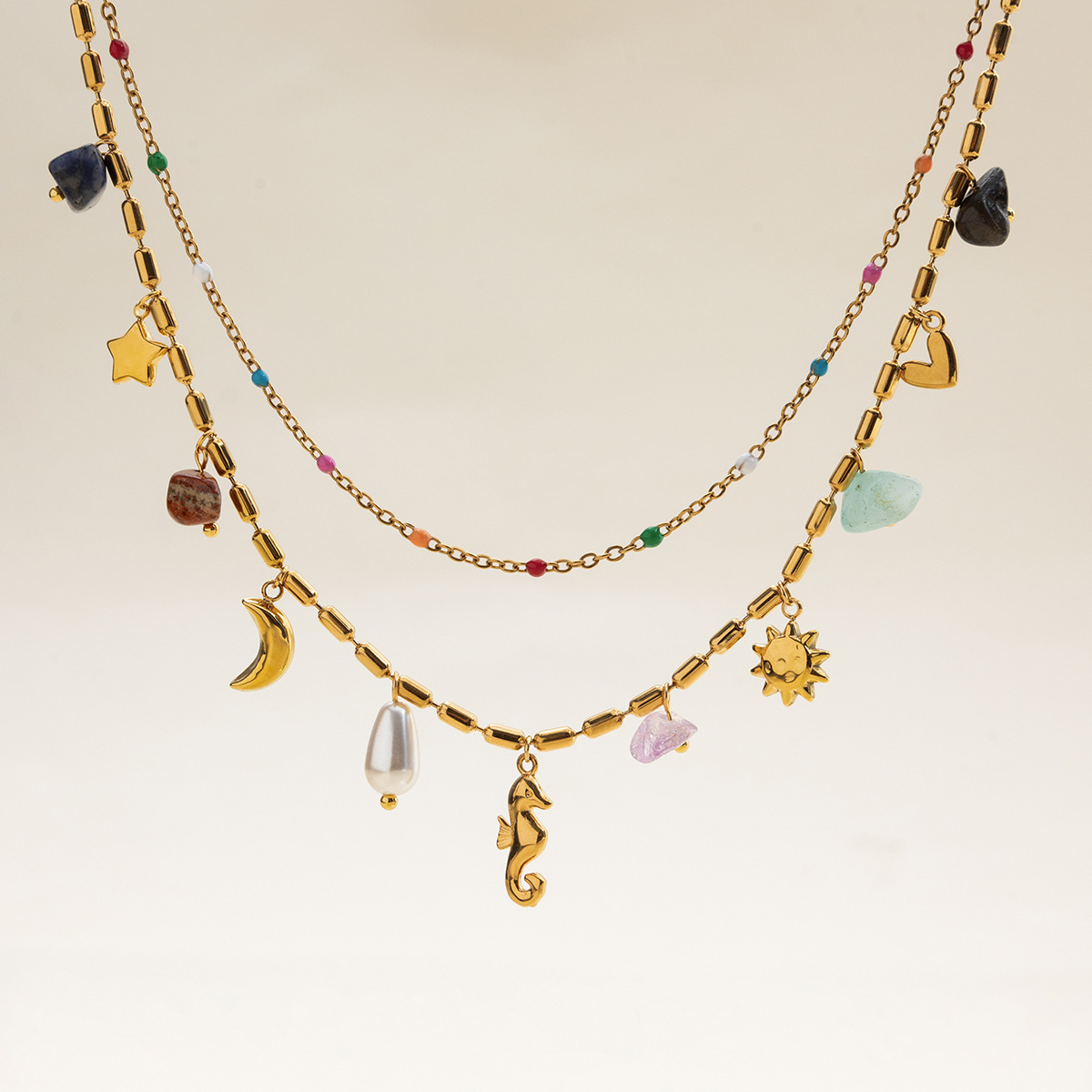 Layered Titanium Steel Pearl Necklace with Colorful Multi Charms
