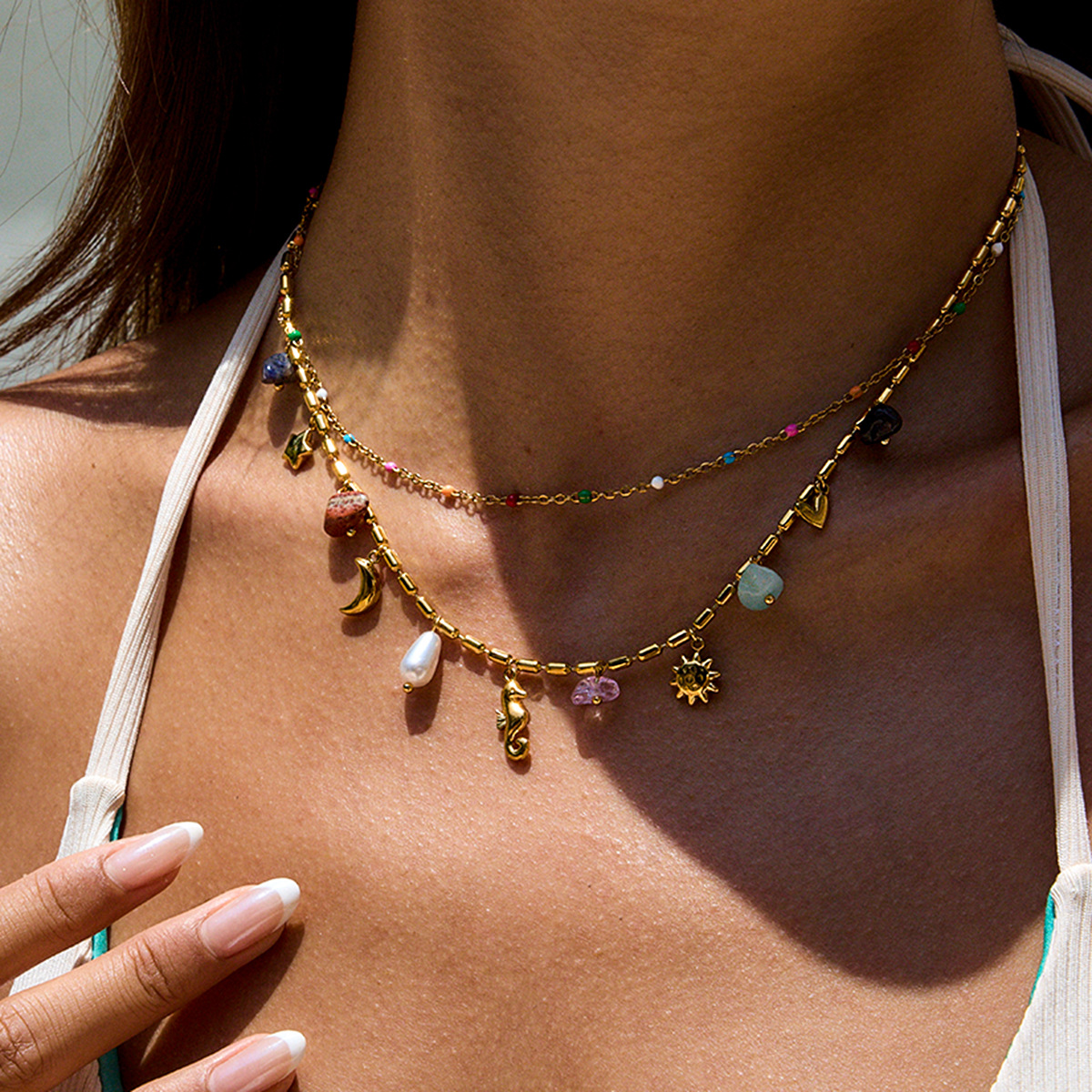 Layered Titanium Steel Pearl Necklace with Colorful Multi Charms