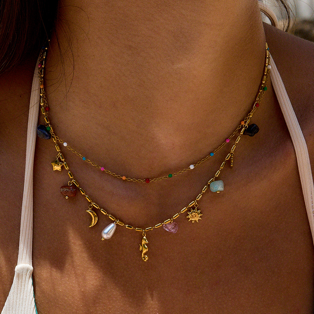 Layered Titanium Steel Pearl Necklace with Colorful Multi Charms