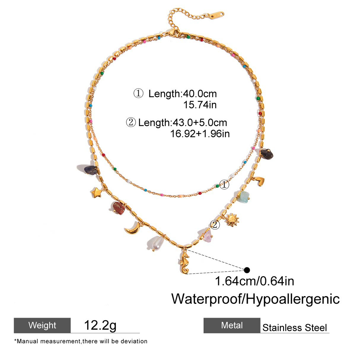 Layered Titanium Steel Pearl Necklace with Colorful Multi Charms