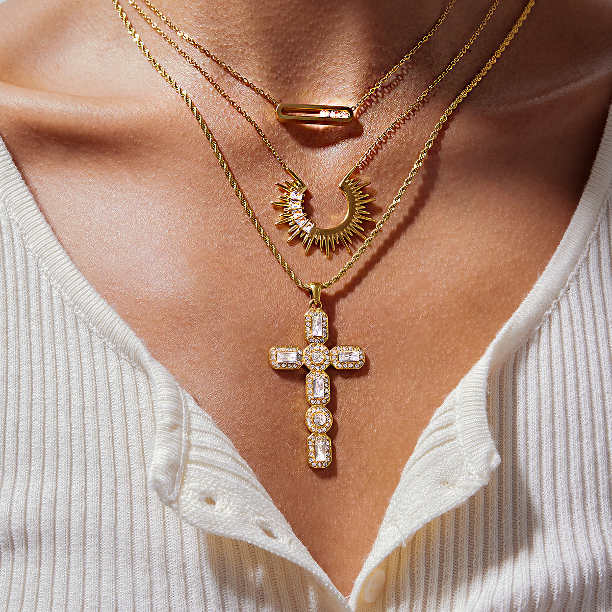 Four Styles Cross Rhinestone Titanium Steel Necklaces