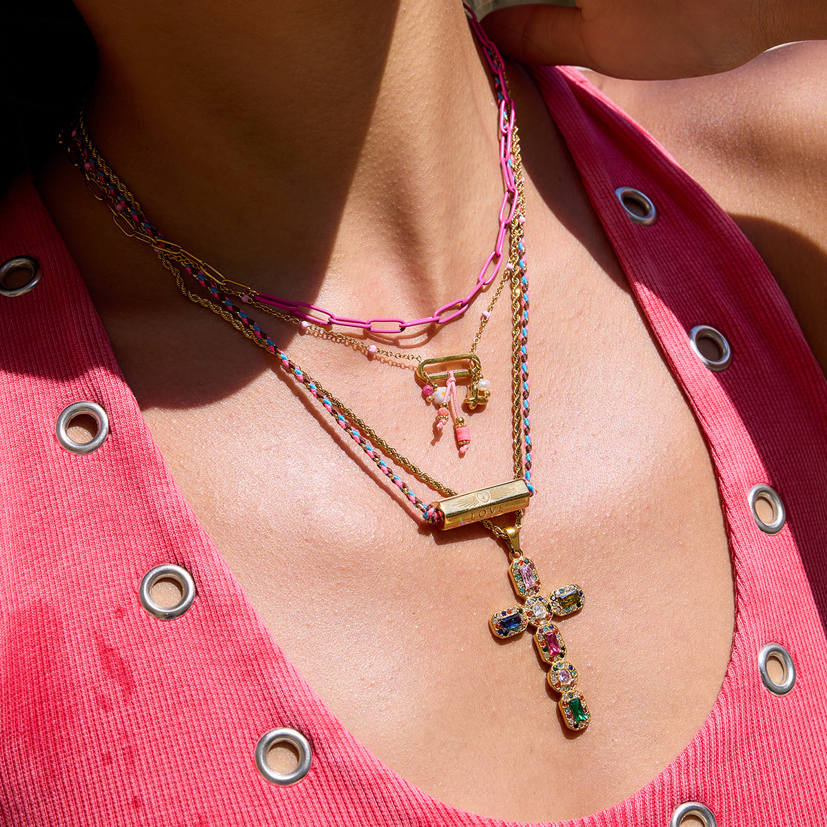 Four Styles Cross Rhinestone Titanium Steel Necklaces