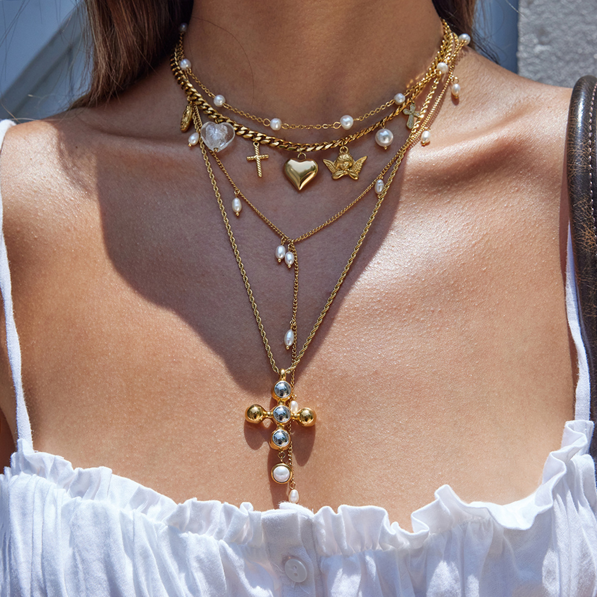Four Styles Cross Rhinestone Titanium Steel Necklaces