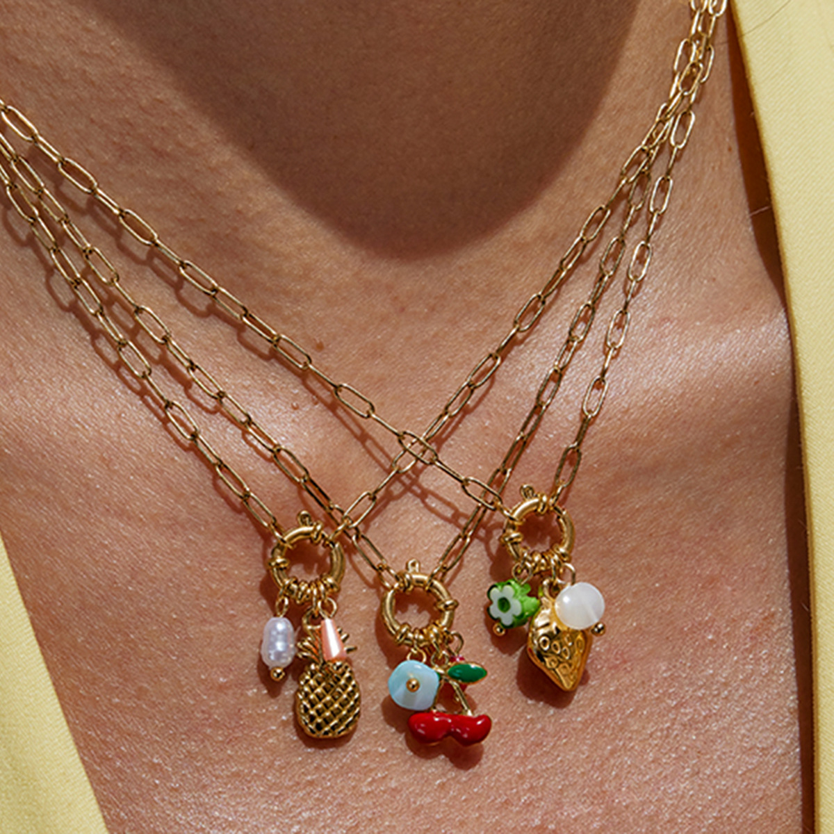 Three Styles Stainless Steel Pearl Necklaces with Fruit Pendants Pineapple Cherry Strawberry