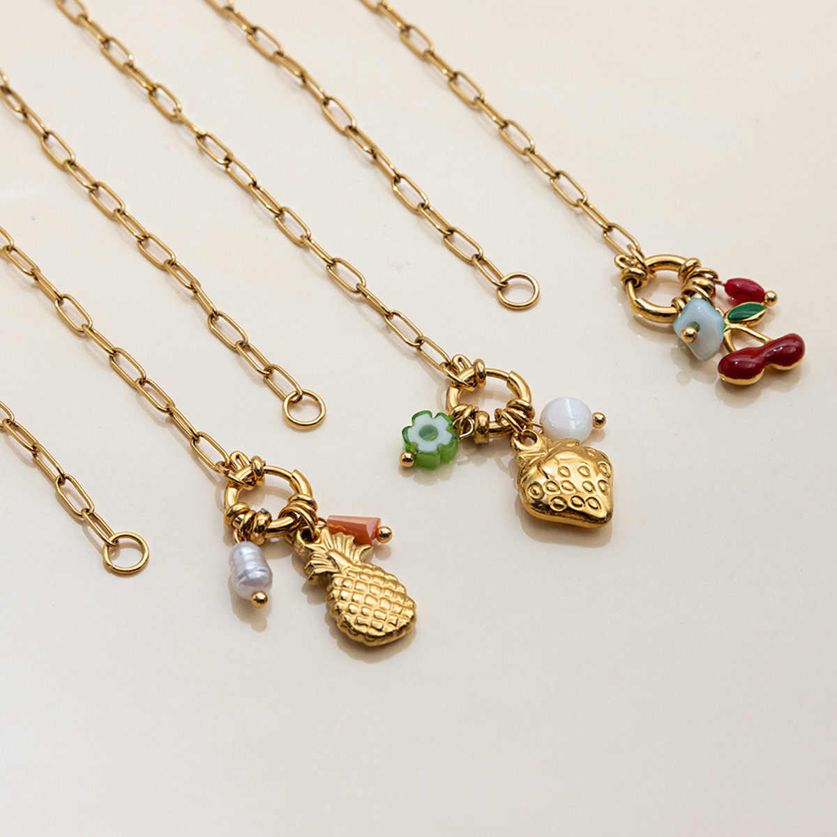 Three Styles Stainless Steel Pearl Necklaces with Fruit Pendants Pineapple Cherry Strawberry