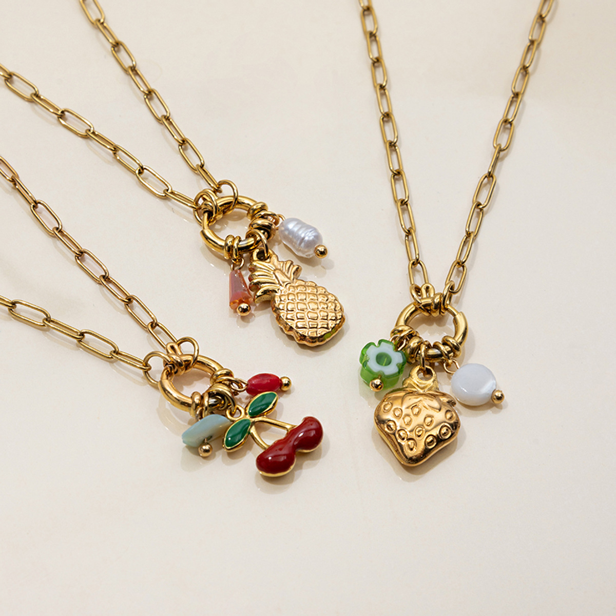 Three Styles Stainless Steel Pearl Necklaces with Fruit Pendants Pineapple Cherry Strawberry