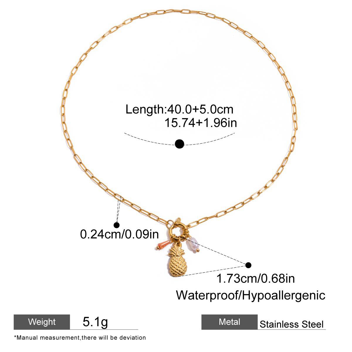 Three Styles Stainless Steel Pearl Necklaces with Fruit Pendants Pineapple Cherry Strawberry