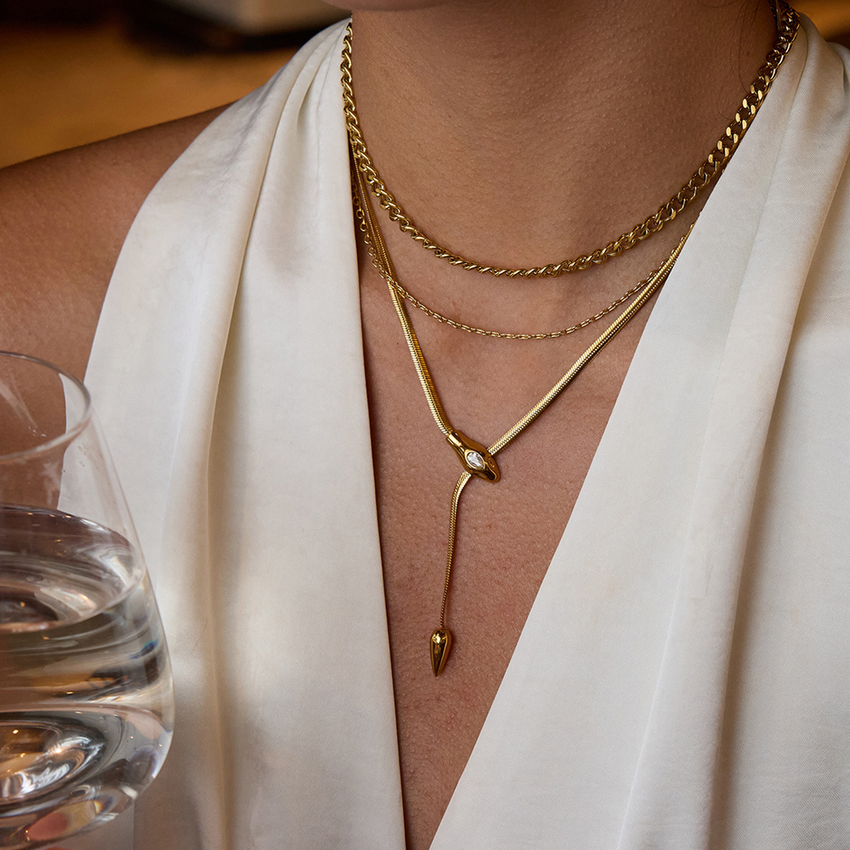 Zirconia Titanium Steel Snake Shape Necklace Luxury Clavicle Chain