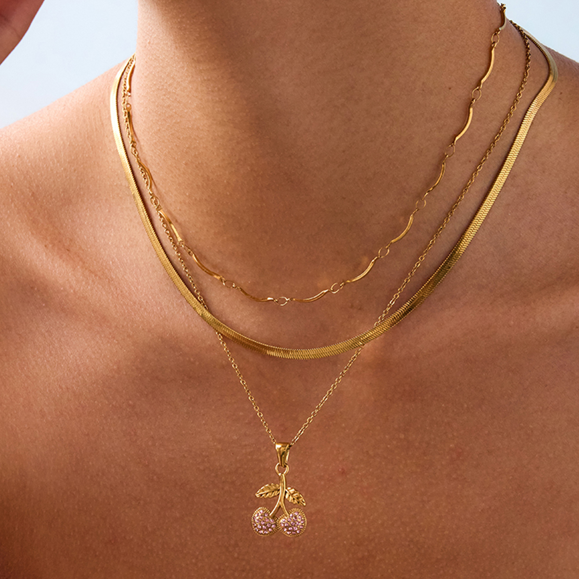 Cherry Zirconia Stainless Steel Necklace Elegant Clavicle Chain for Layering