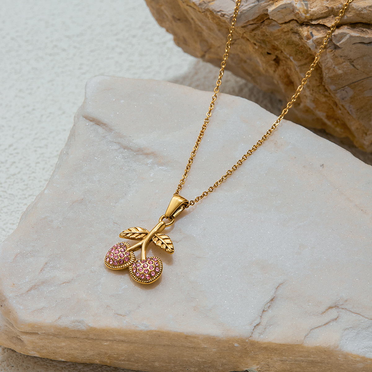 Cherry Zirconia Stainless Steel Necklace Elegant Clavicle Chain for Layering