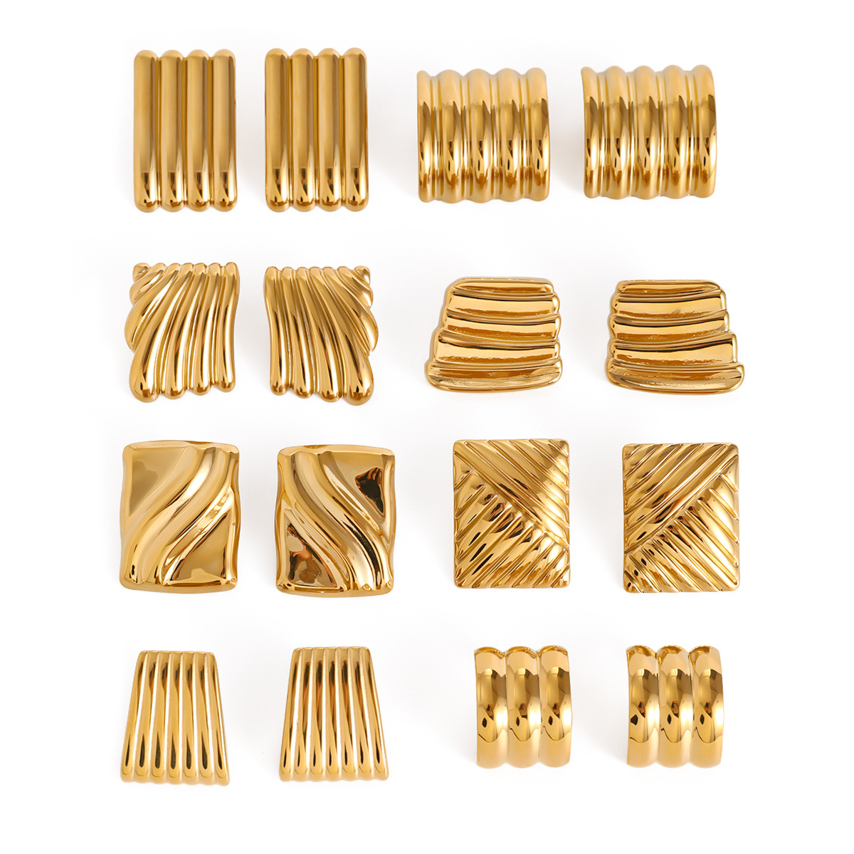 Various 18K Gold Plated Stainless Steel Square Wave Pattern Minimalist Geometric Earrings