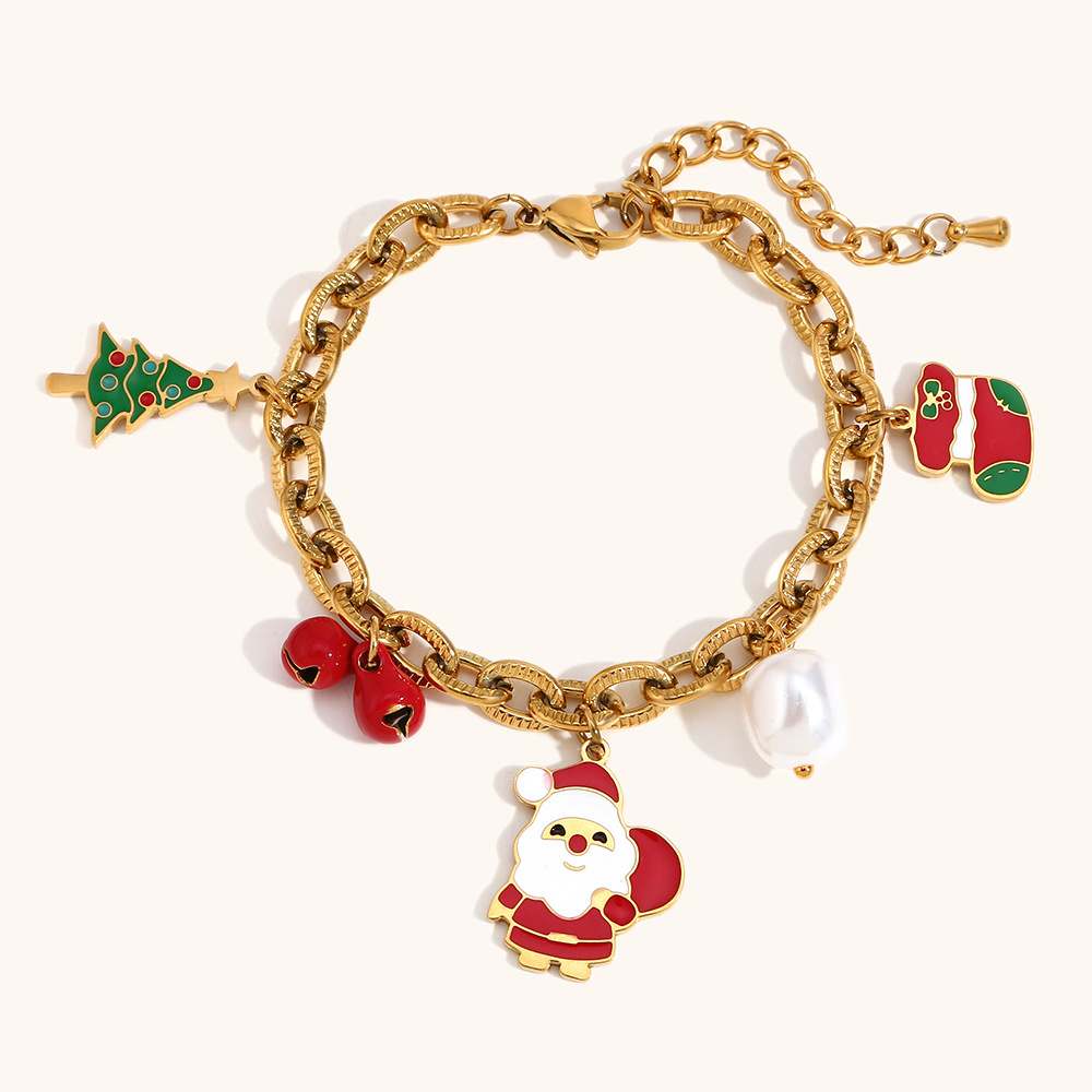 Christmas Bracelets with Santa Charms in 18K Gold Plated Stainless Steel Available in Three Styles