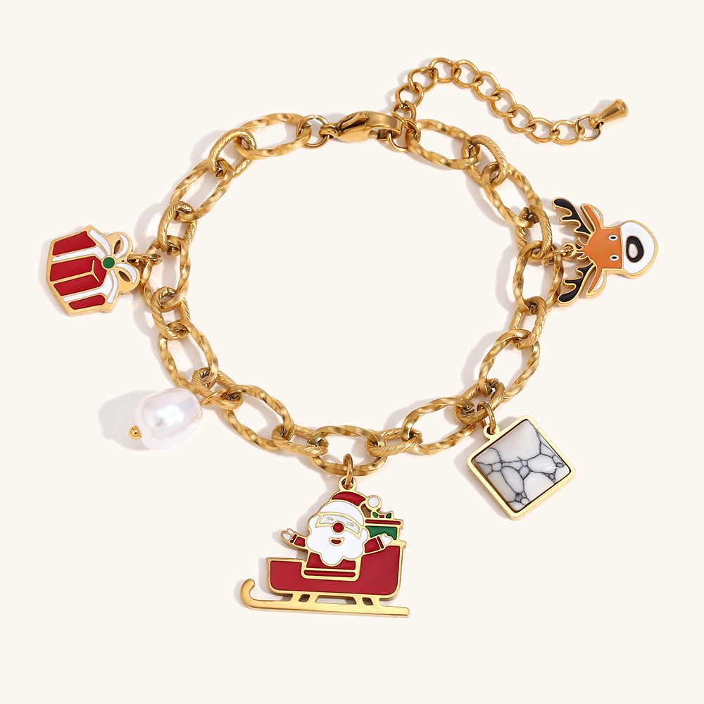 Christmas Bracelets with Santa Charms in 18K Gold Plated Stainless Steel Available in Three Styles