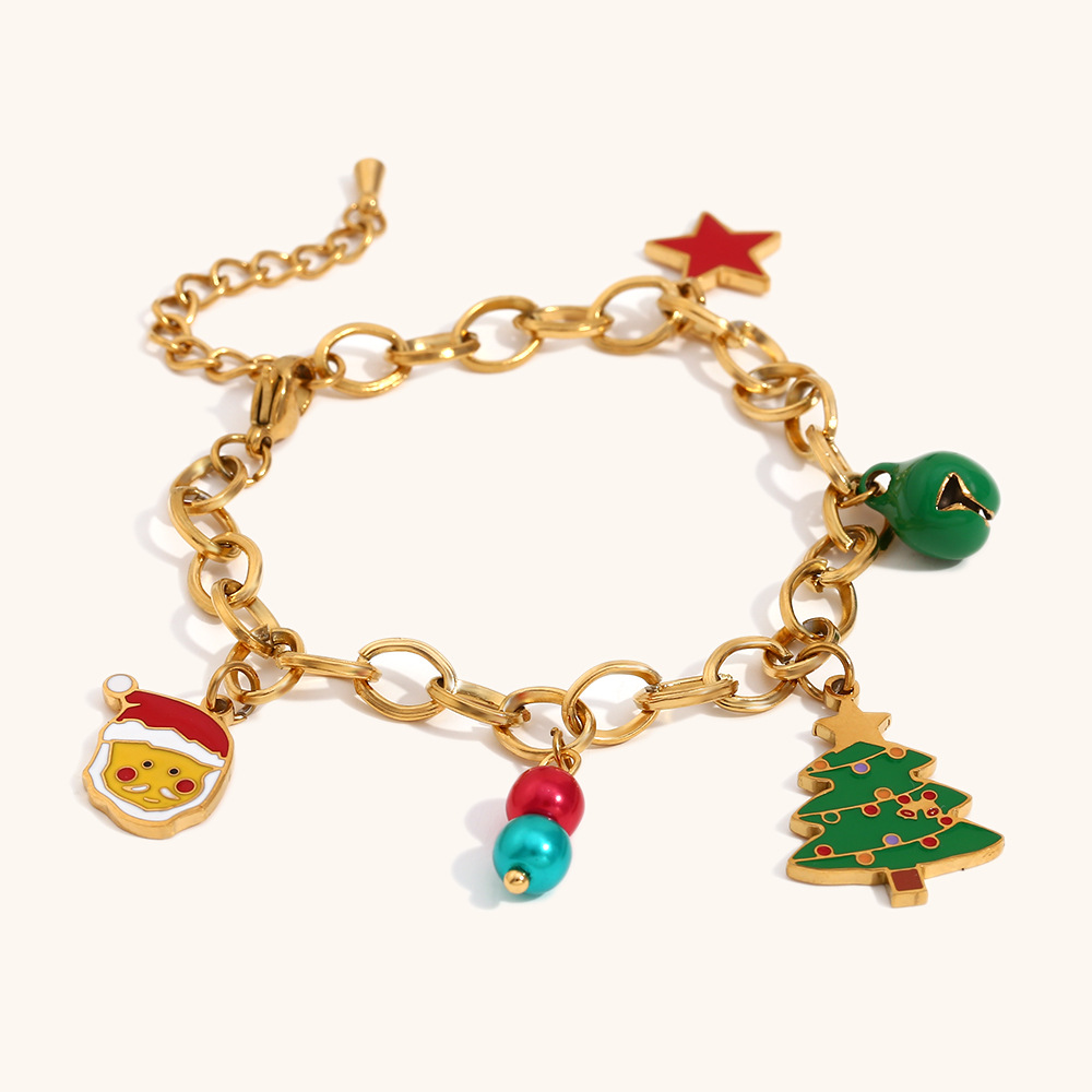 Christmas Bracelets with Santa Charms in 18K Gold Plated Stainless Steel Available in Three Styles