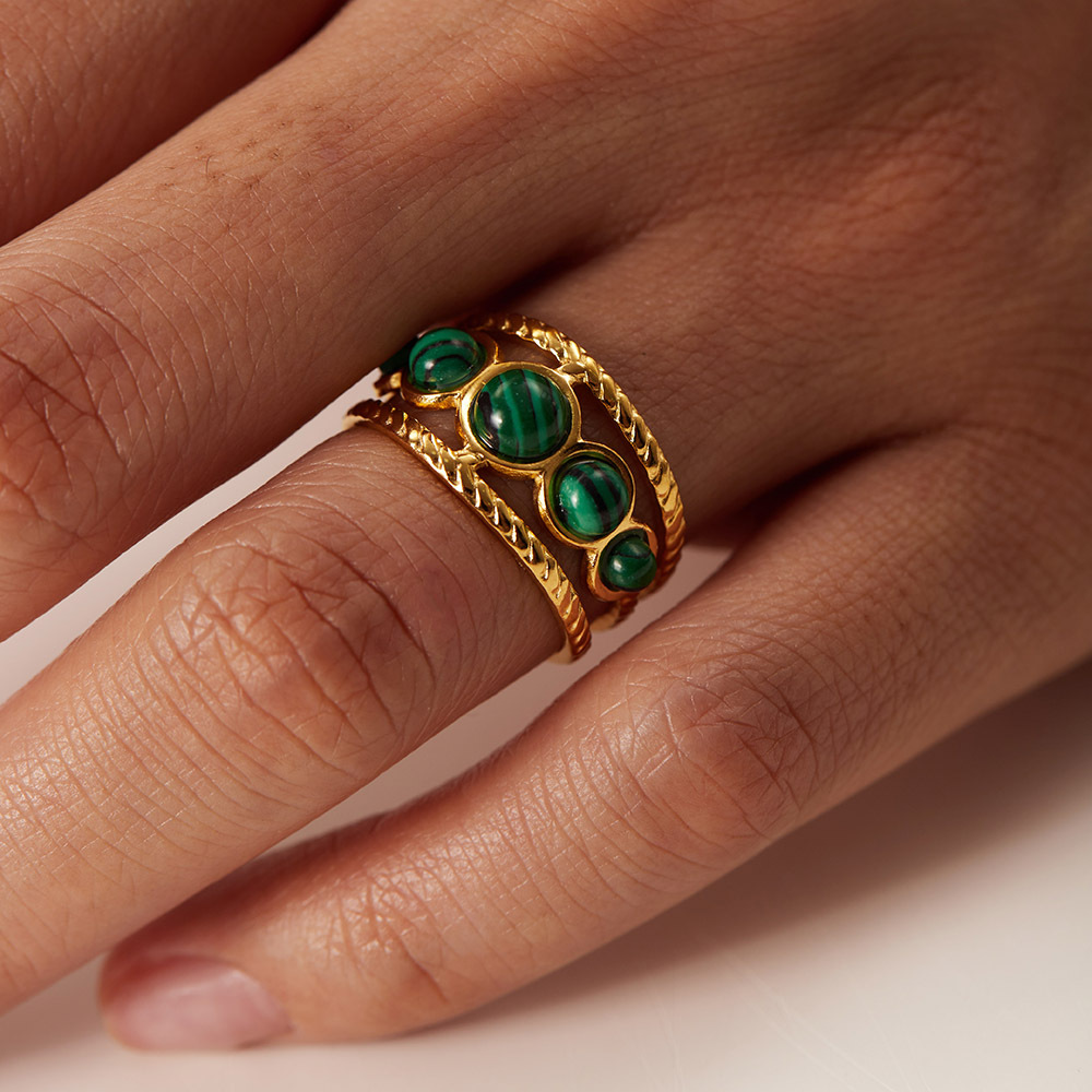 Stainless Steel Natural Malachite Round Hollow Adjustable Ring