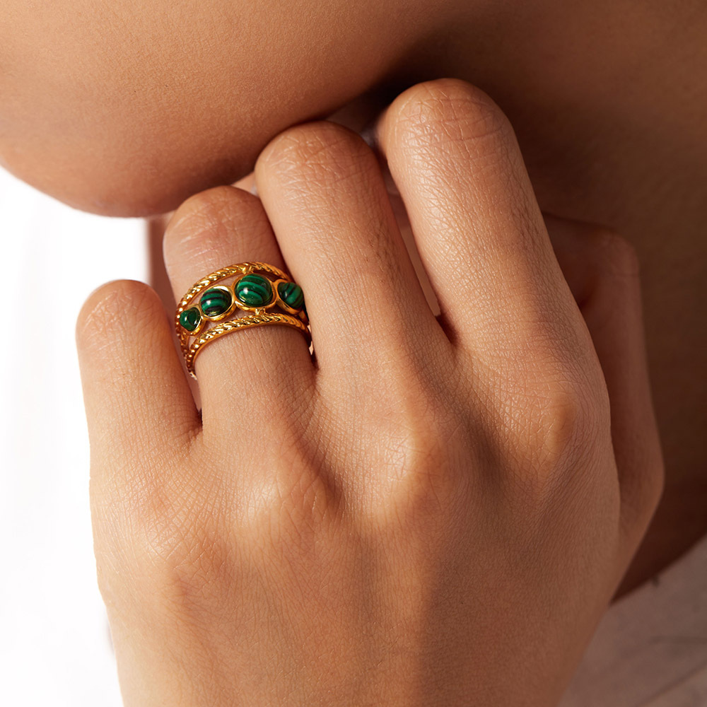Stainless Steel Natural Malachite Round Hollow Adjustable Ring