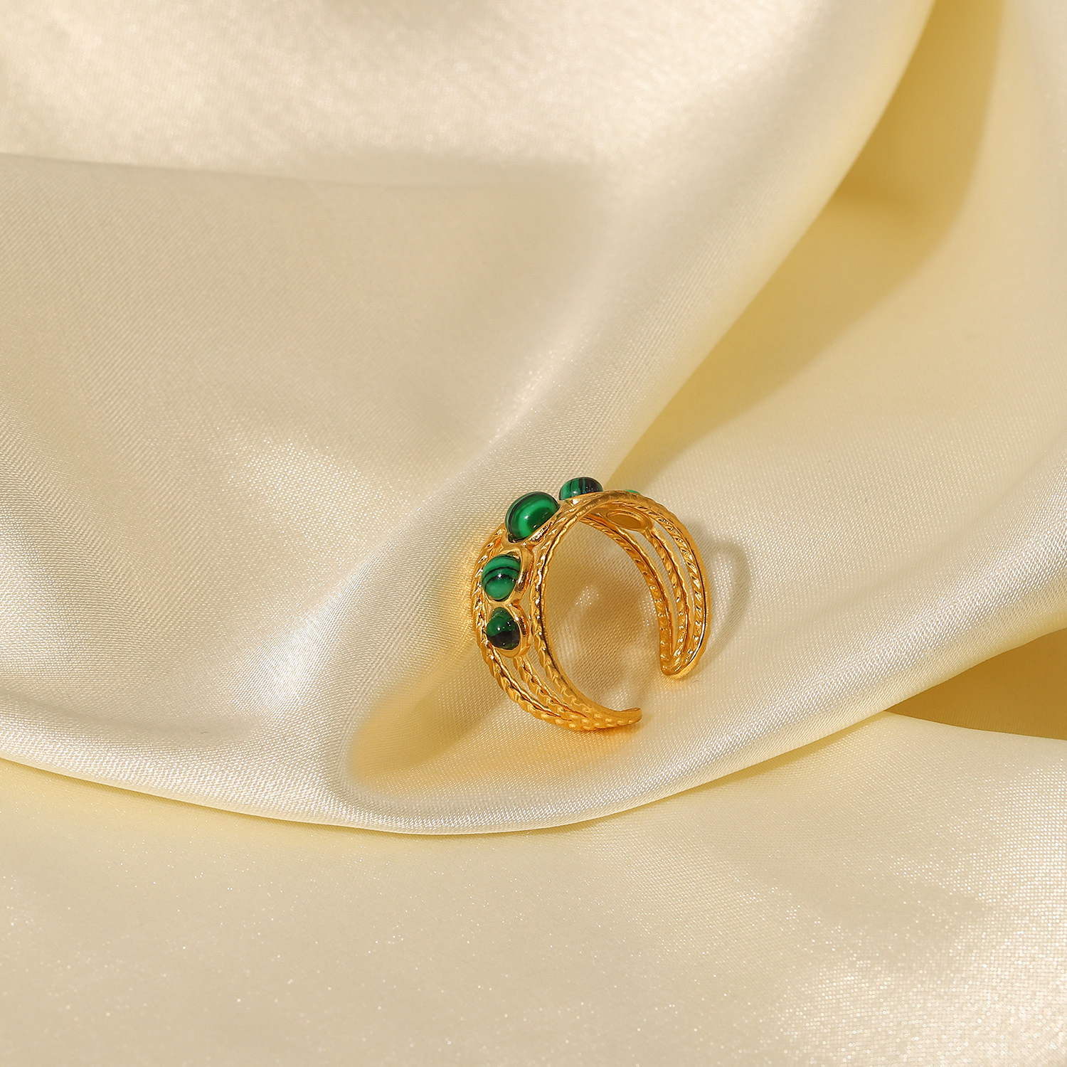 Stainless Steel Natural Malachite Round Hollow Adjustable Ring