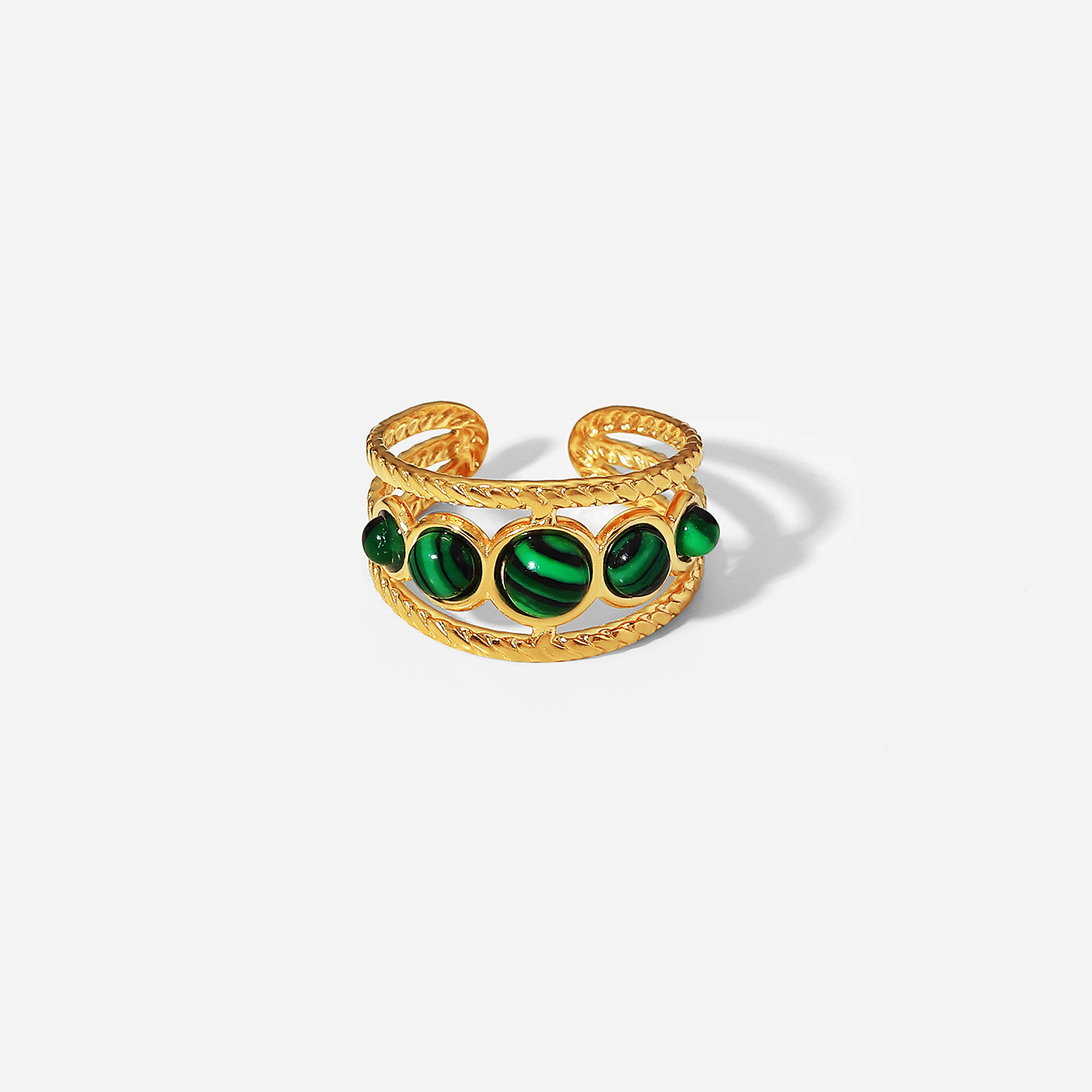 Stainless Steel Natural Malachite Round Hollow Adjustable Ring
