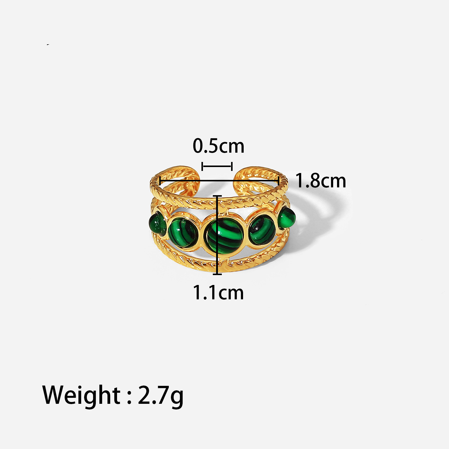Stainless Steel Natural Malachite Round Hollow Adjustable Ring