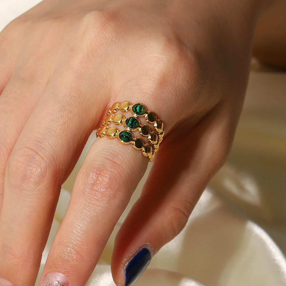18K Gold Green Malachite Triple Layer Adjustable Ring