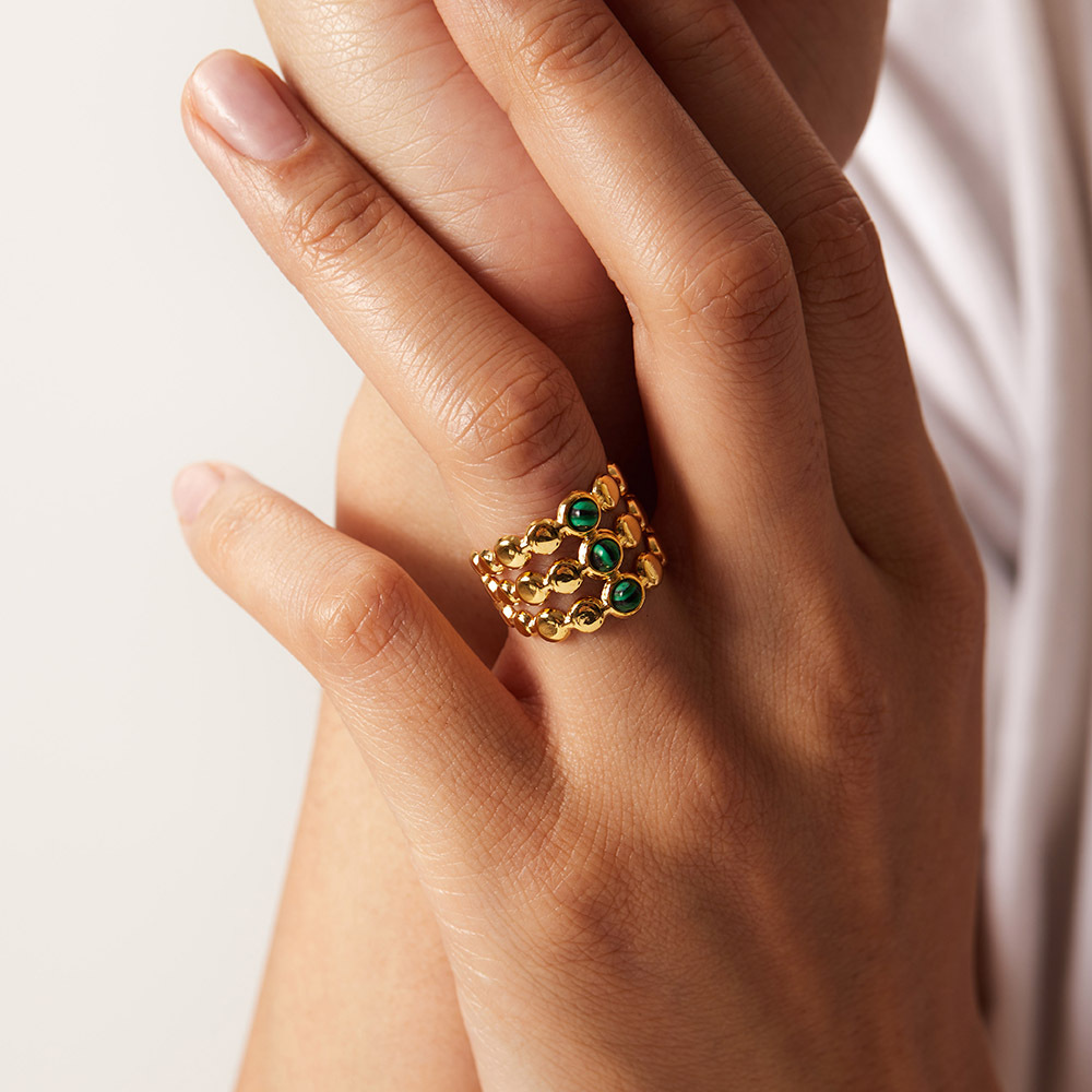 18K Gold Green Malachite Triple Layer Adjustable Ring