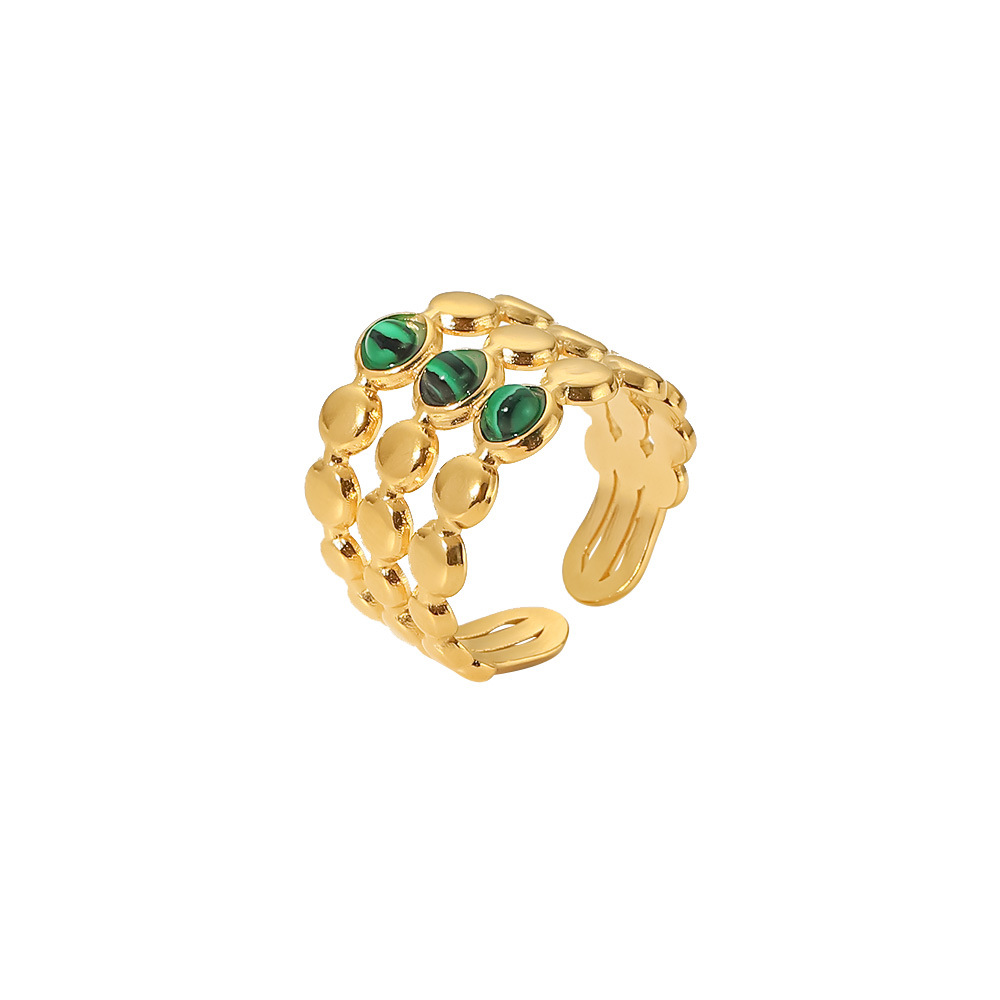 18K Gold Green Malachite Triple Layer Adjustable Ring