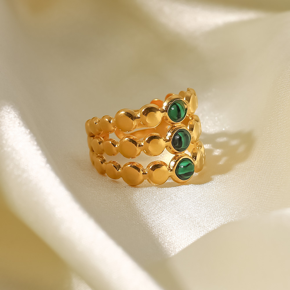 18K Gold Green Malachite Triple Layer Adjustable Ring