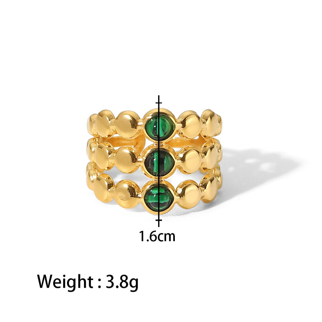 18K Gold Green Malachite Triple Layer Adjustable Ring