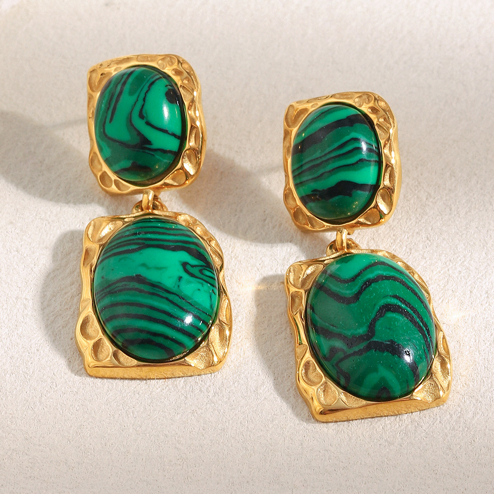 Trending Vintage Oversized Stainless Steel 18K Gold Plated Malachite Earrings