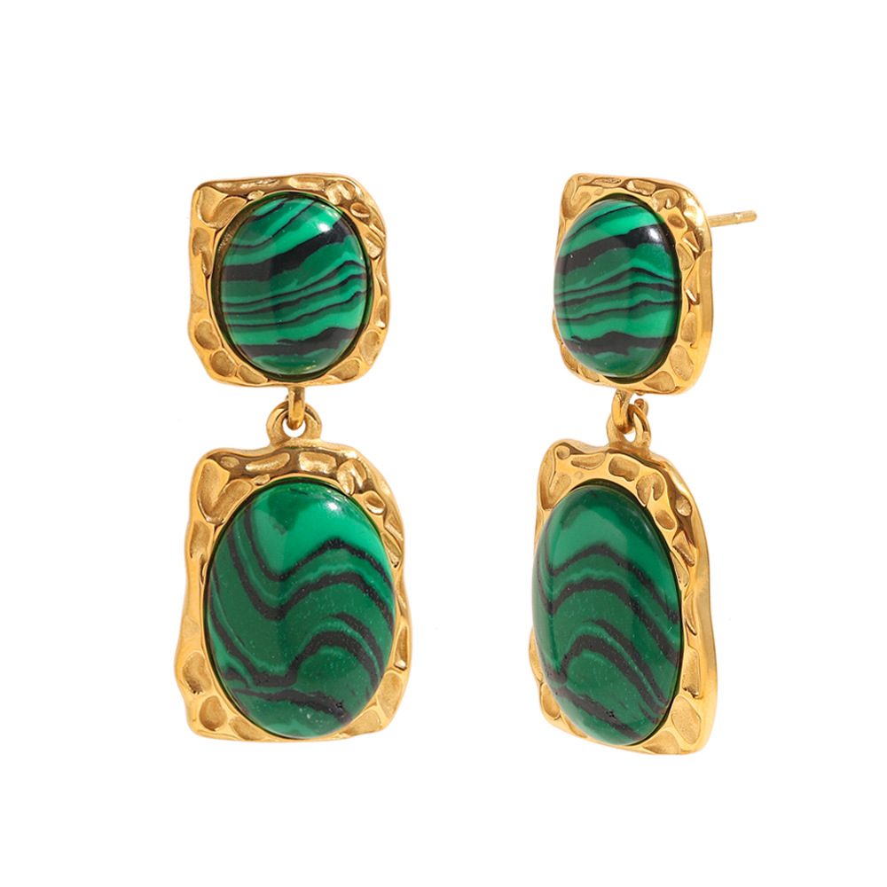 Trending Vintage Oversized Stainless Steel 18K Gold Plated Malachite Earrings