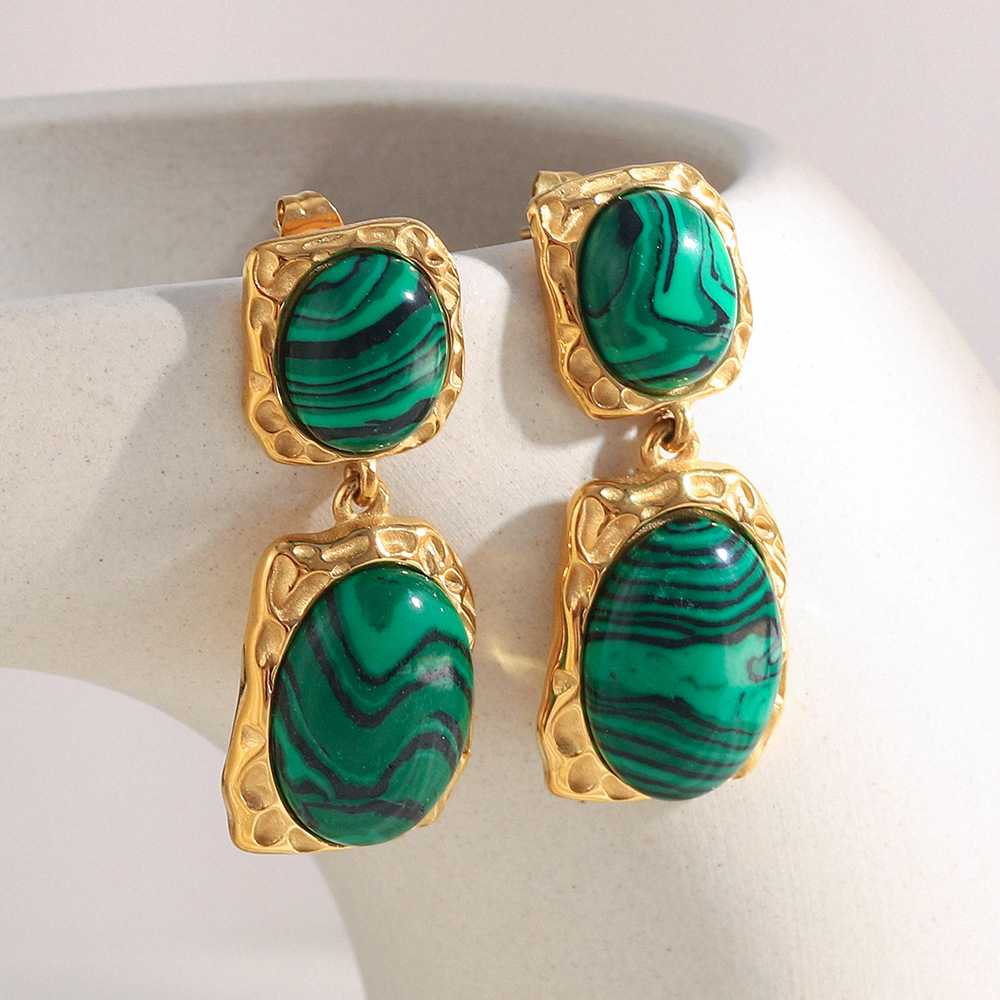 Trending Vintage Oversized Stainless Steel 18K Gold Plated Malachite Earrings