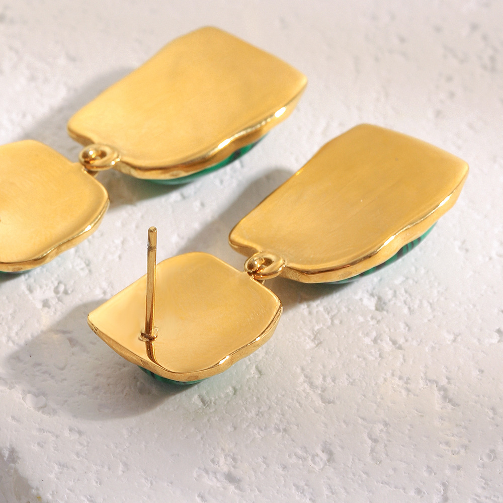 Trending Vintage Oversized Stainless Steel 18K Gold Plated Malachite Earrings