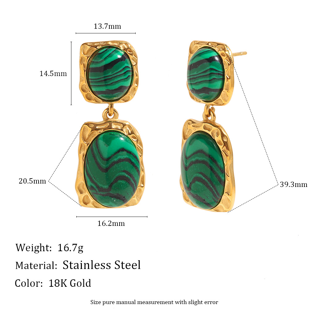 Trending Vintage Oversized Stainless Steel 18K Gold Plated Malachite Earrings