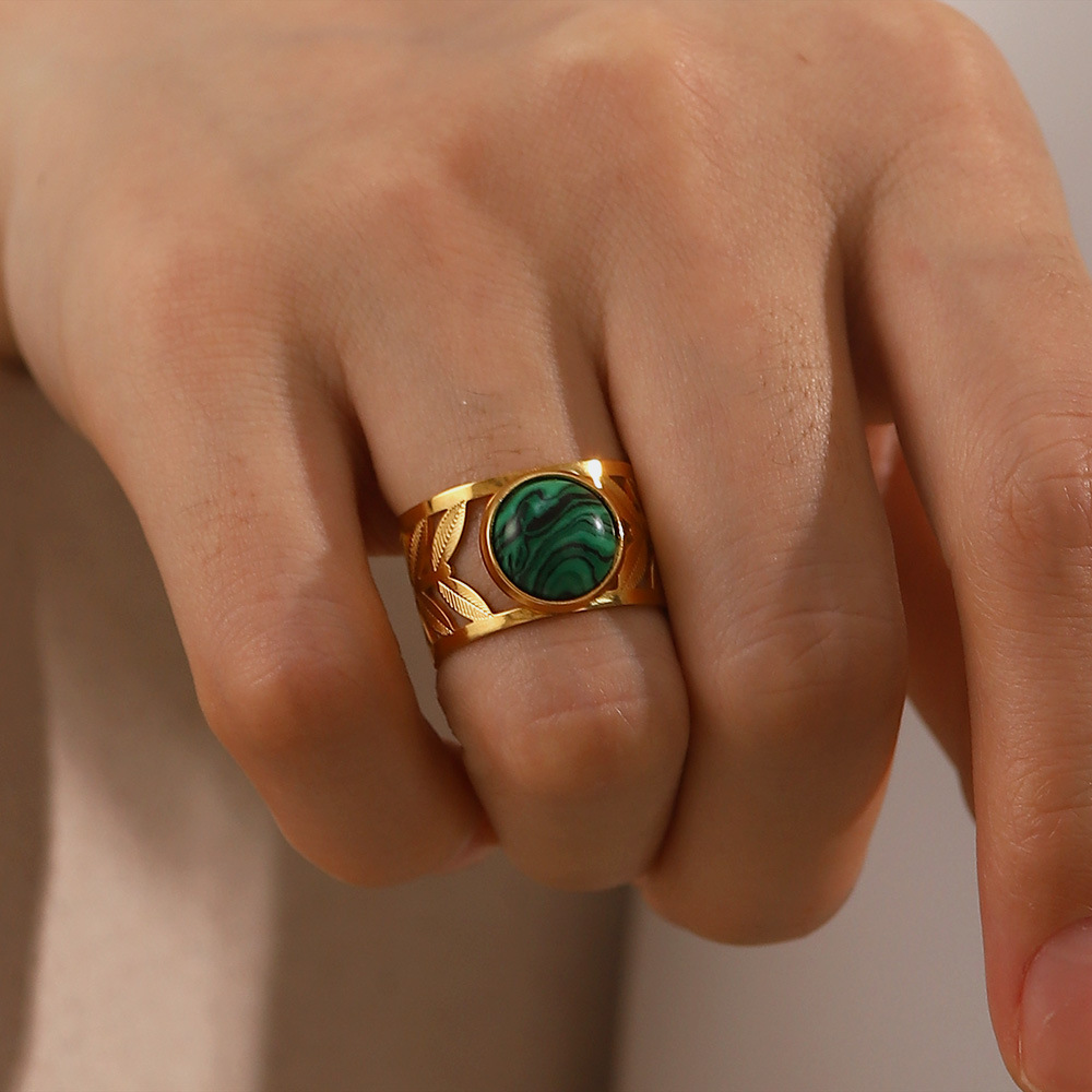 Titanium Steel 18K Gold Plated Hollow Leaf Green Malachite Ring