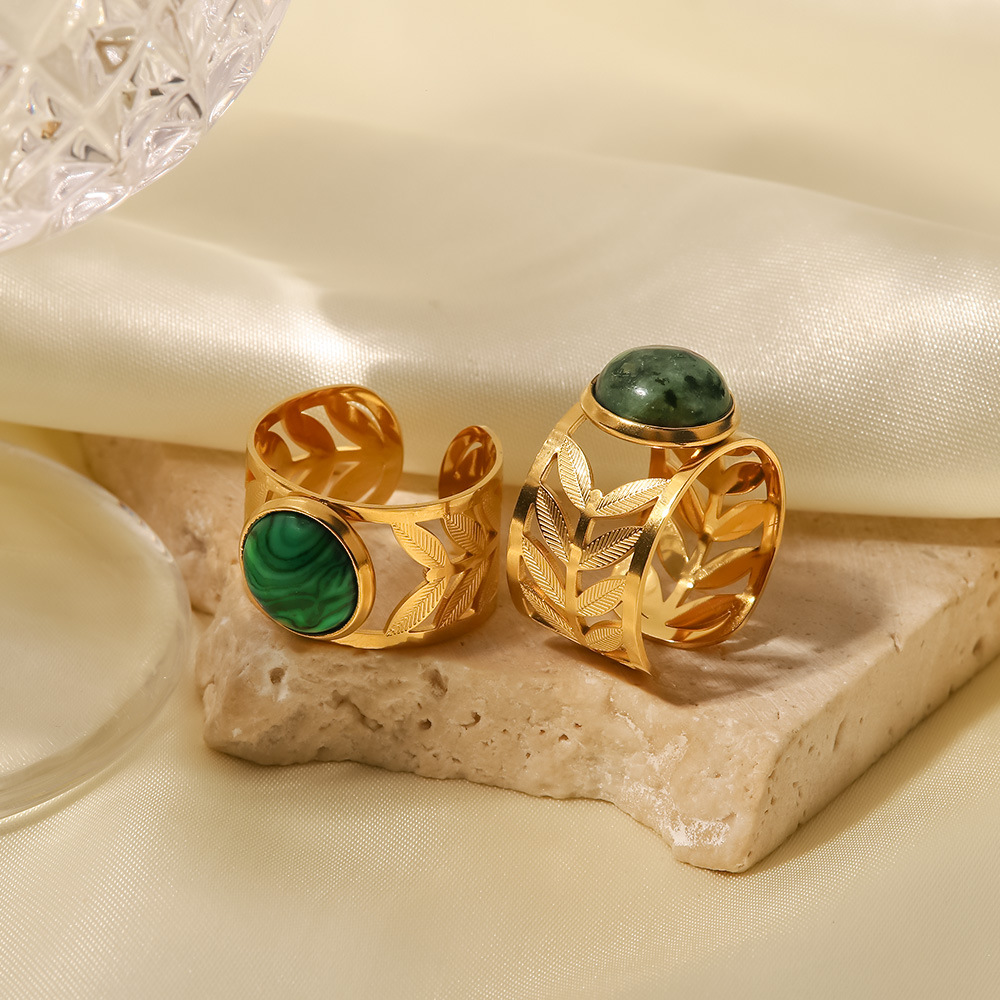 Titanium Steel 18K Gold Plated Hollow Leaf Green Malachite Ring