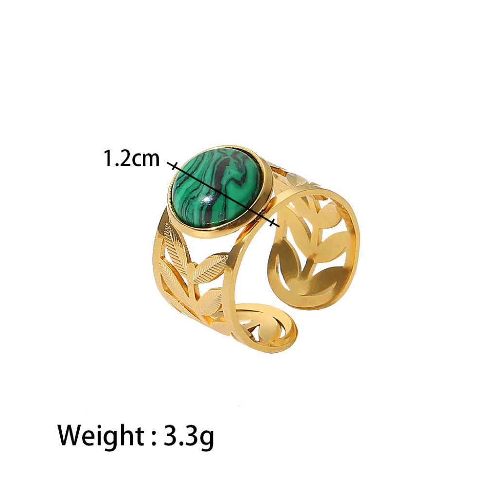 Titanium Steel 18K Gold Plated Hollow Leaf Green Malachite Ring