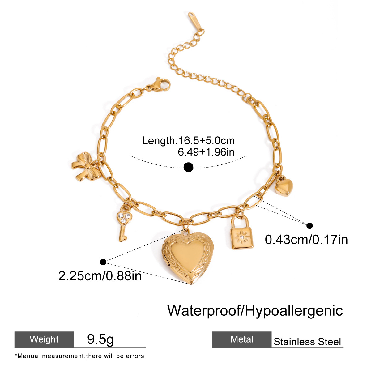 Luxury Heart Bracelet Fade-Resistant Multiple Charms Photo Insert Four Styles Available