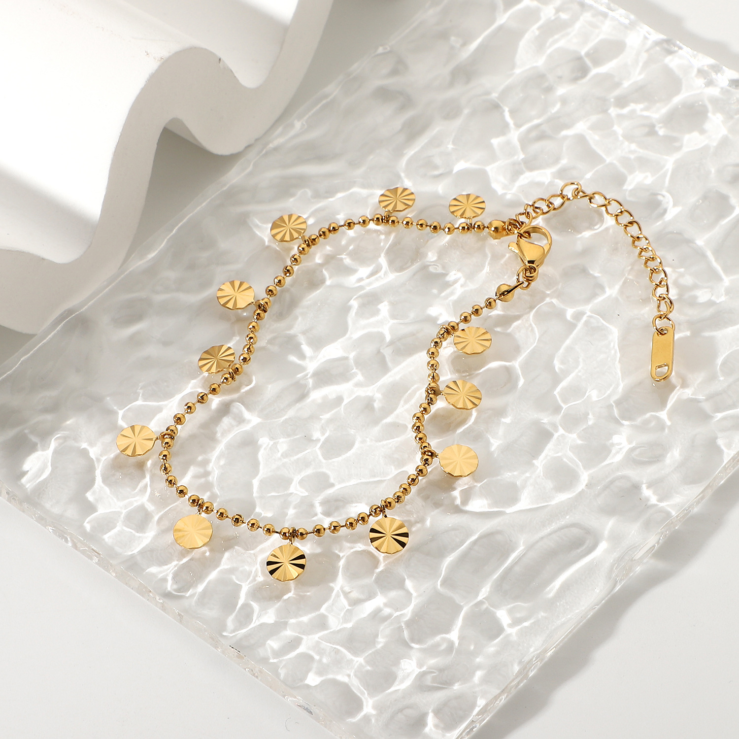 18K Gold Plated 316L Stainless Steel Anklet with Bead and Petal Pendant
