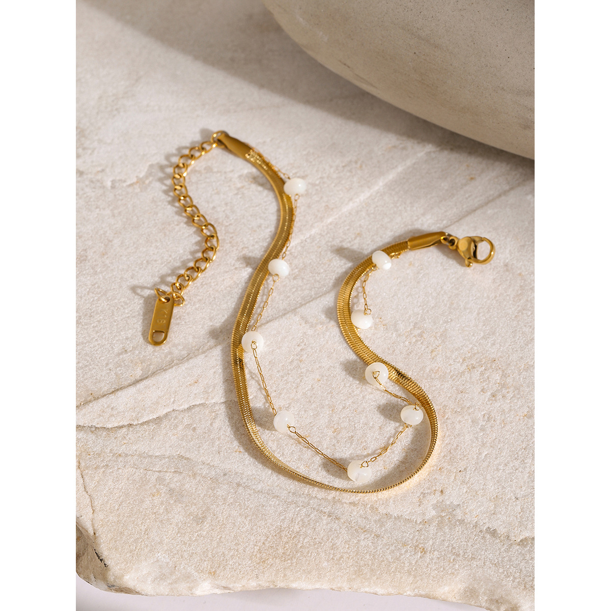 18K Gold Stainless Steel Blade Chain Flat Snake Chain Anklet with Round Shell Beads